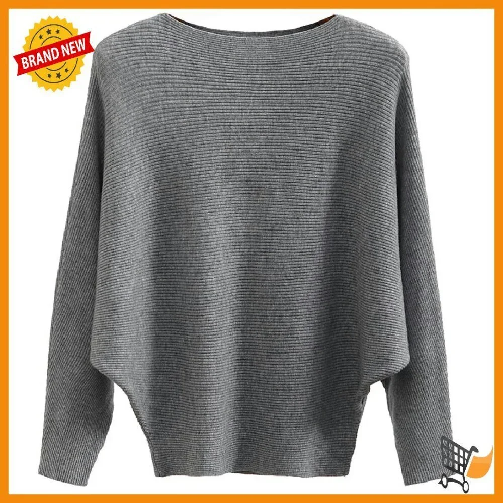Lightweight Oversized Ribbed Knit Pullover Boat Neck Batwing Sleeve